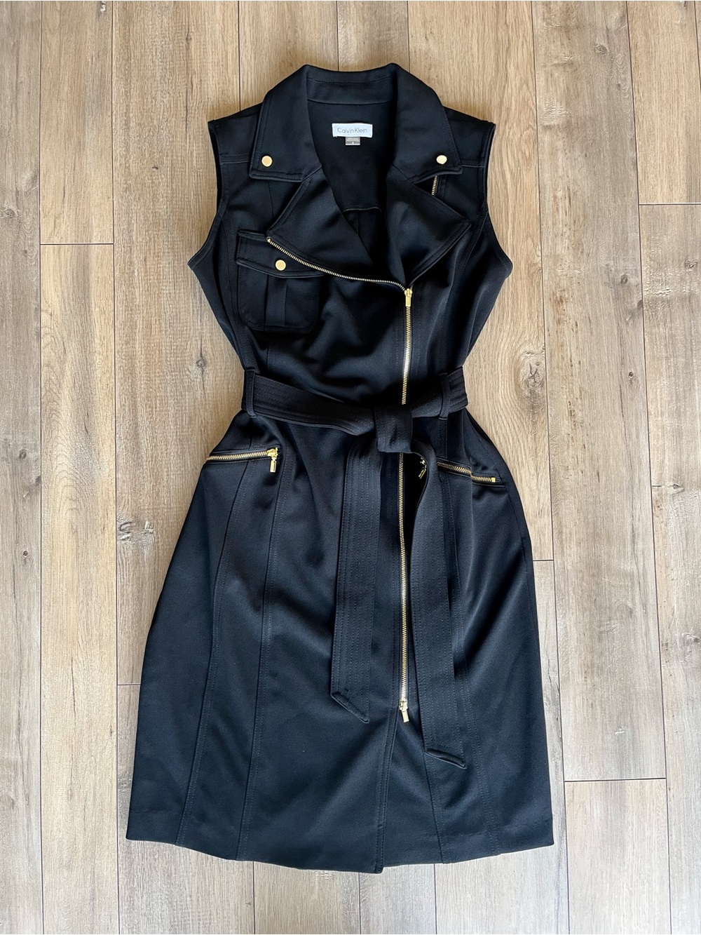 Calvin Klein Black Sleeveless Moto Dress with Gold Zippers and Branded Hardware
